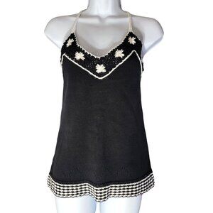 Crochet Halter Top Boho Hippie Ann Taylor Loft Black White Size M 90s Retro Y2K